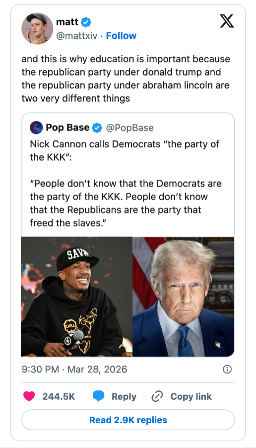 Tweet som diskuterer Nick Cannons uttalelse om at demokrater er 