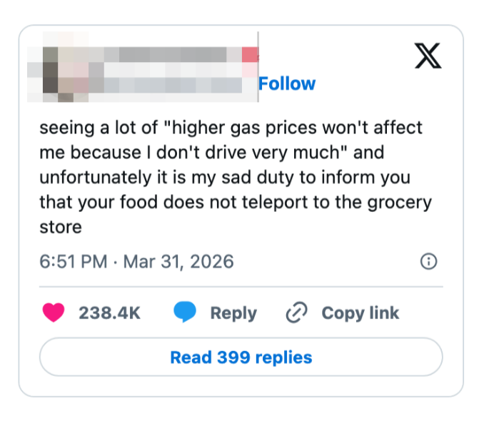 Tweet om høyere bensinpriser som påvirker dagligvarereiser, og minner humoristisk på at mat ikke teleporterer