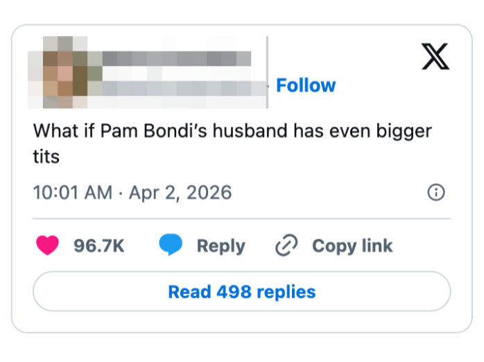 Et innlegg på sosiale medier vitser om Pam Bondis ektemann, og mottar betydelig engasjement med likes og svar