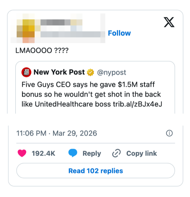 Tweet om Five Guys CEO som gir $1,5 millioner i personalbonus for å unngå scenario som ligner på UnitedHealthcare-sjefen