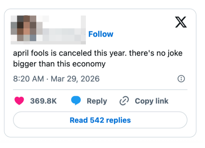 Et innlegg på sosiale medier sier humoristisk at aprilsnarren er kansellert, og siterer økonomien som en større spøk