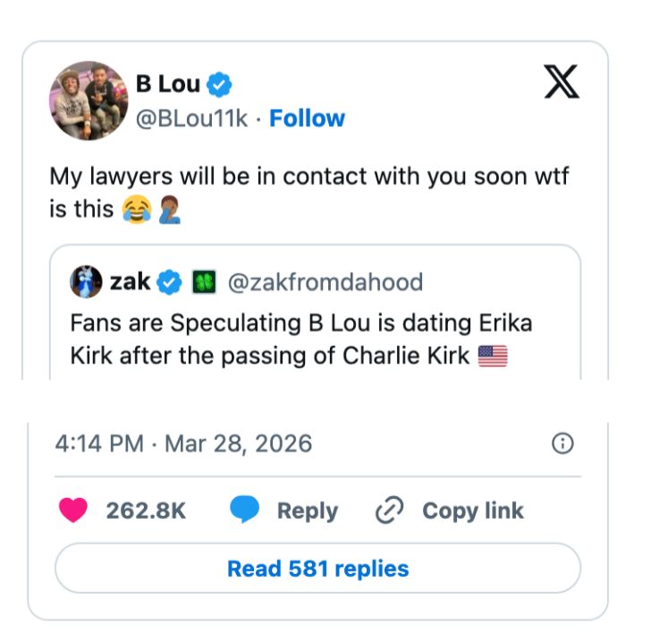 En tweet av B Lou avviser rykter om dating Erika Kirk etter Charlie Kirks bortgang, med overraskende forlovelsestall