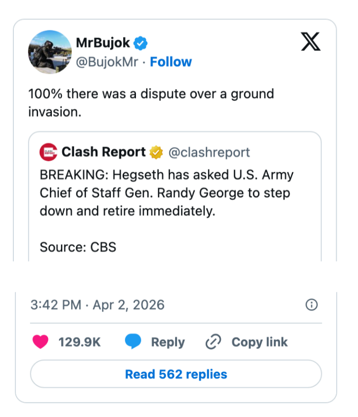 Tweet som diskuterer en tvist om en bakkeinvasjon; Den amerikanske hærens stabssjef ba om å trekke seg per CBS-kilde
