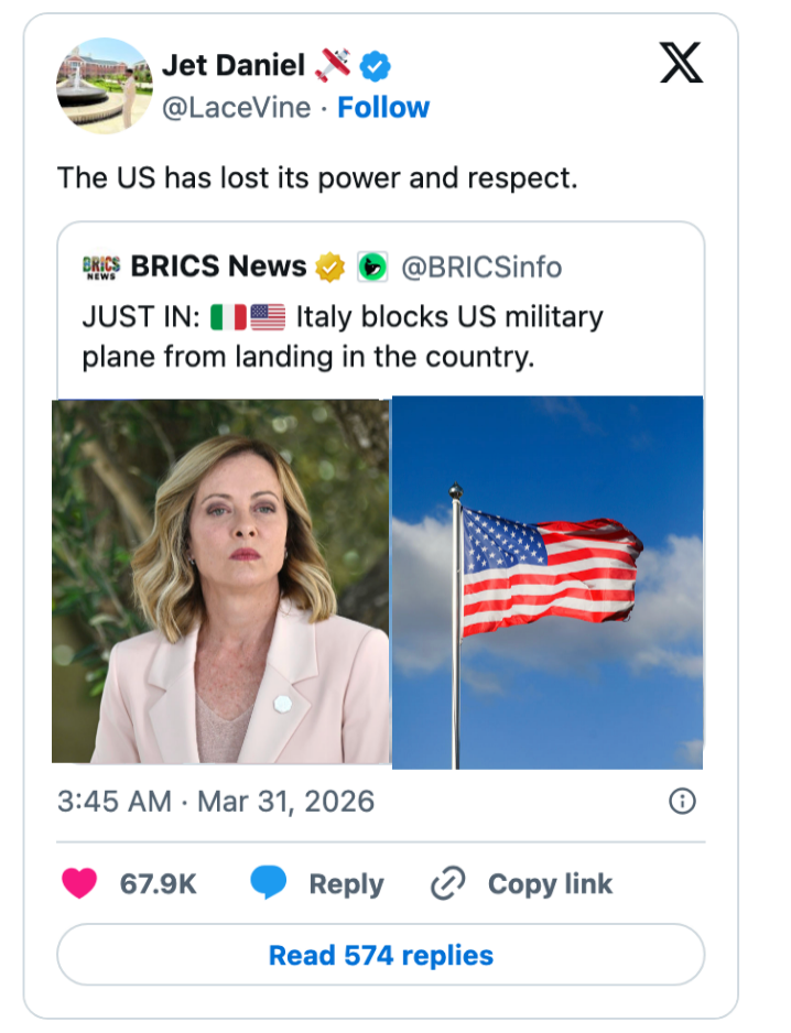 Tweet viser en BRICS-nyhetsoppdatering om Italia som blokkerer et amerikansk militærfly, med kommentarer om amerikansk makt. Bildet inkluderer en person og et amerikansk flagg