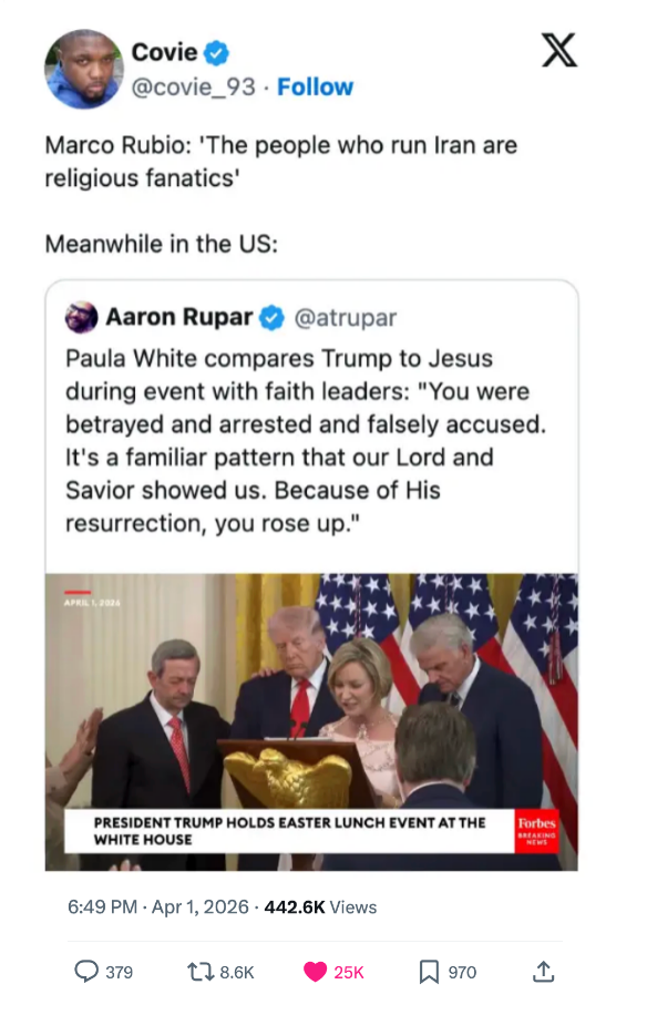 En tweet sammenligner Marco Rubios kommentar om Iran med en video av Trump med trosledere, noe som antyder en dobbeltmoral
