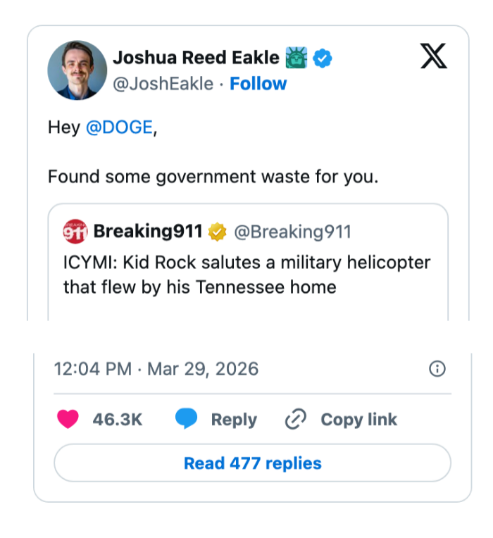 Tweet av Joshua Reed Eakle som deler et Breaking911-innlegg om Kid Rock som hilser et militærhelikopter