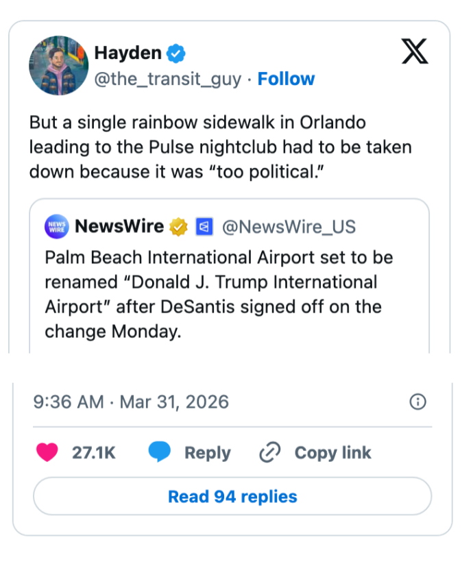 Tweet om et regnbuefortau i Orlando fjernet på grunn av at det var 