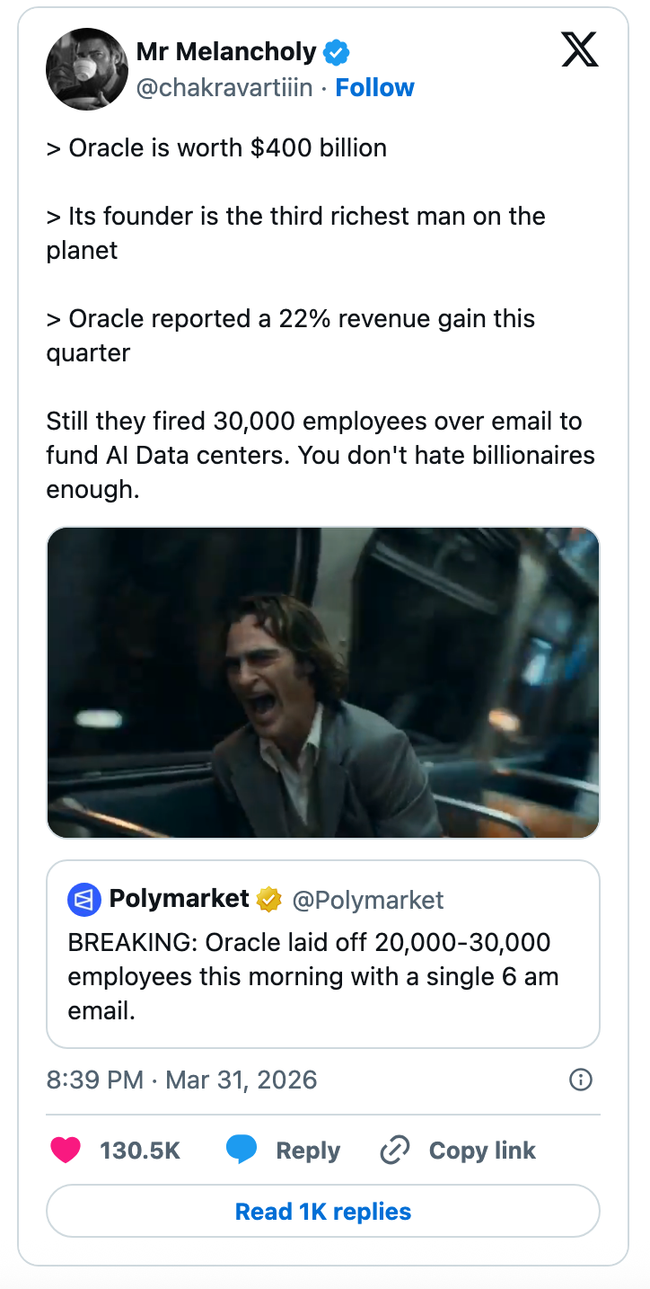 Tweet som diskuterer Oracles økonomiske suksess, store permitteringer for AI-datafinansiering og et meme-bilde som antyder at velstående individer ikke bør møte vanskeligheter