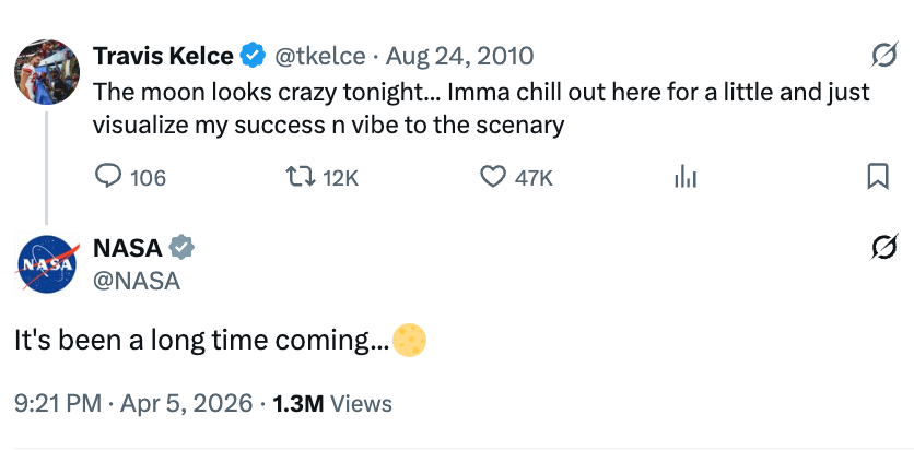 Tweet av Travis Kelce fra 2010 om månen, sammen med et 2026-svar fra NASA som antyder en forventet hendelse
