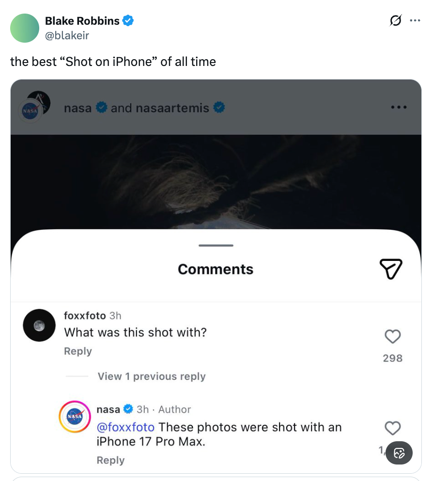 En tweet av Blake Robbins som viser en morsom utveksling mellom en bruker og NASA om iPhone-fotografering