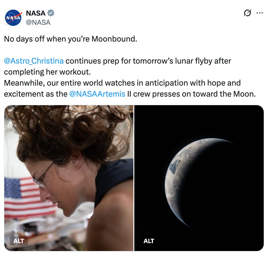 Kvinne som trener og sett fra siden av månen. Teksten diskuterer astronaut Christinas forberedelse til en månefly forbi med Artemis II-oppdraget