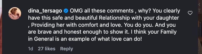 Kommenter som berømmer en offentlig person for deres kjærlige og støttende forhold til datteren deres, fremhever ærlighet og familiekjærlighet