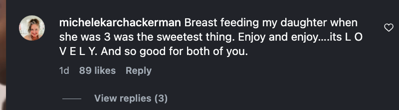 Kommenter som berømmer amming som en søt og nyttig opplevelse for mor og datter