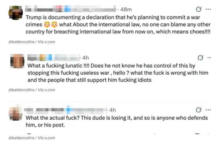 Skjermdump av tweets som kritiserer en offentlig person for å komme med uttalelser om å begå krigsforbrytelser og angripe internasjonal lov