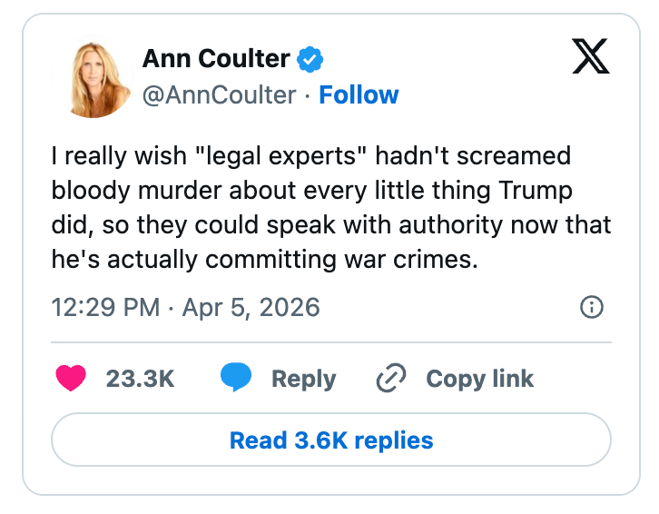 Tweet av Ann Coulter som ønsker "juridiske eksperter" hadde ikke motarbeidet Trump i mindre saker for å ta opp krigsforbrytelser. 23,3K liker, 3,6K svar