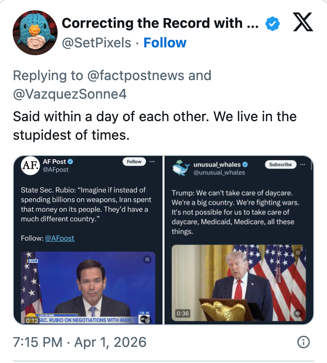 Tweet med skjermbilder av innlegg av Marco Rubio og Donald Trump, som hver fremhever økonomiske kommentarer
