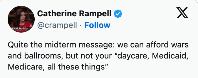 Tweet av Catherine Rampell: Kritikk av motstridende budsjettprioriteringer, fremhever finansiering for kriger og ballsaler, men ikke for sosiale tjenester som barnehage og Medicaid