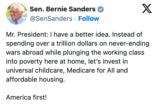 Tweet av en offentlig person som foreslår å investere i barnepass, Medicare for All og rimelige boliger i stedet for kriger i utlandet. Amerika først!