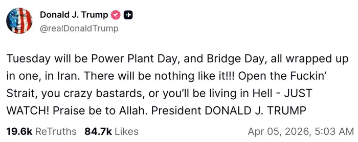 Tweet fra Donald J. Trump som nevner en hendelse i Iran med sterkt språk og en advarsel
