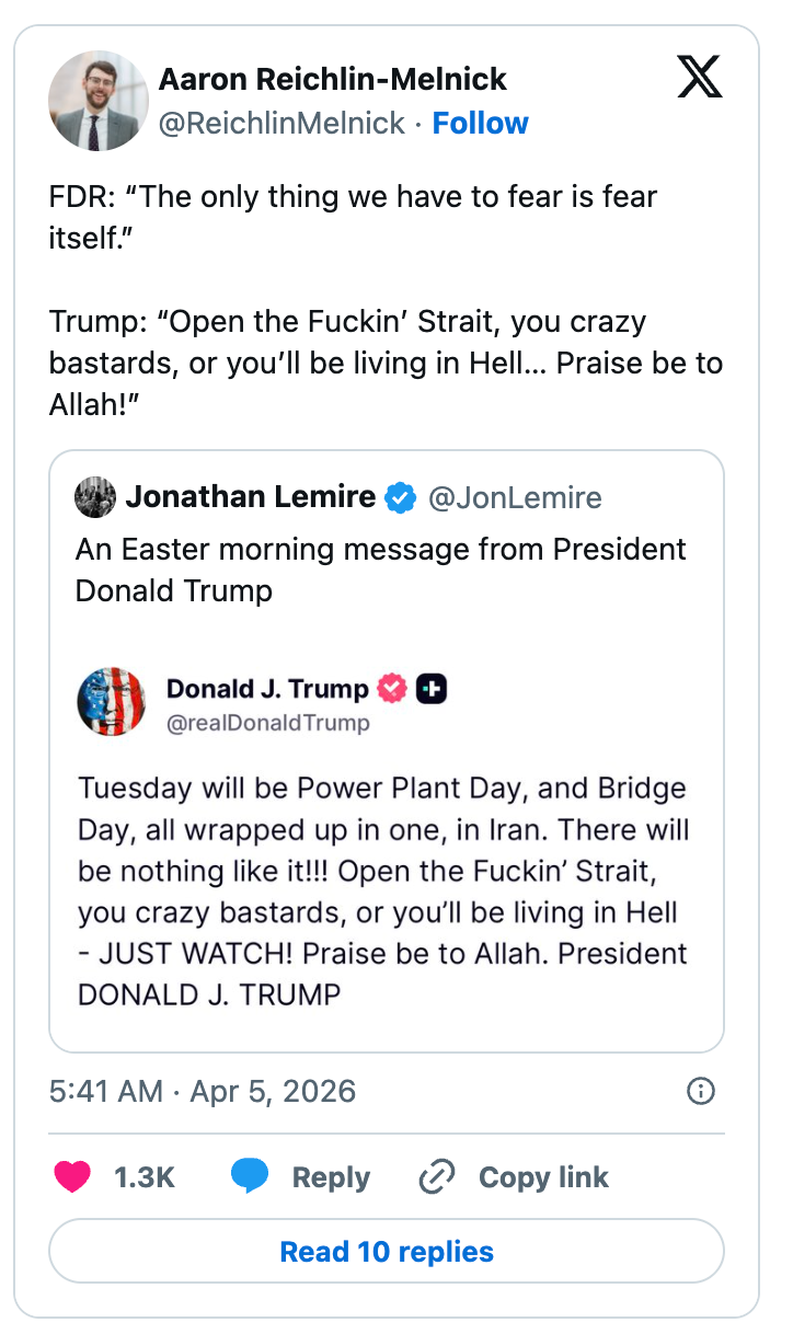 Skjermbilde av en tweet av Aaron Reichlin-Melnick med en kontroversiell melding fra Donald Trump om kraftverksdagen