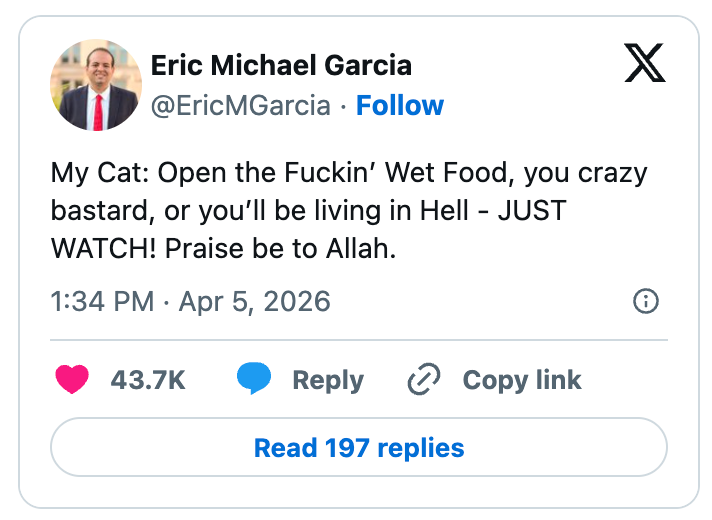 Tweet som uttrykker en katts humoristiske og dramatiske etterspørsel etter våtfôr, med trusler og komiske lovord
