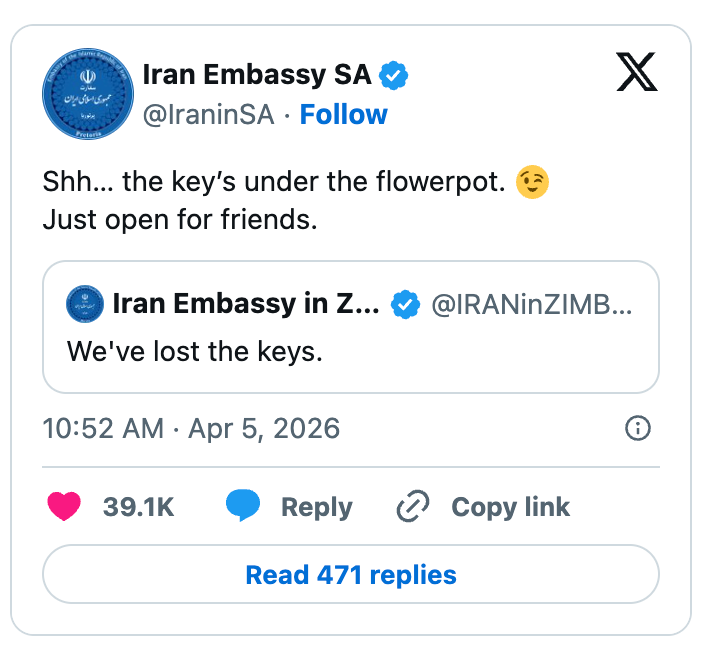 Innlegg på sosiale medier fra Iran Embassy SA: 