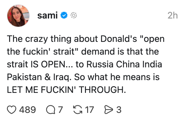 Innlegg i sosiale medier av samer som kritiserer Donalds krav om å åpne et sund, noe som antyder at det er en politisk holdning å gå gjennom ulike land