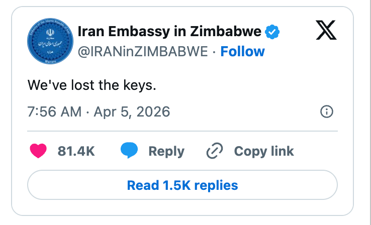 Tweet fra Irans ambassade i Zimbabwe: 
