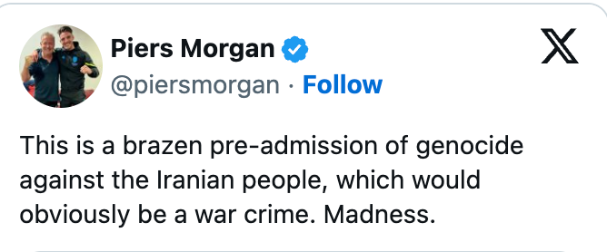 Tweet av en bekreftet bruker fordømmer en uttalelse som en forhåndsinnrømmelse av folkemord mot iranere, og kaller det en krigsforbrytelse og galskap