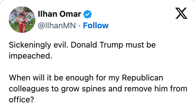 Skjermbilde av et innlegg i sosiale medier av Ilhan Omar som ber om riksrett for Donald Trump og avhører republikanske kolleger' handlinger