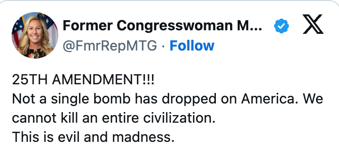 Twitter-innlegg av en tidligere kongresskvinne krever det 25. endringsforslaget, som fordømmer potensiell utbredt ødeleggelse som ondskap og galskap