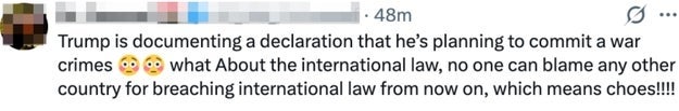 Tekst fra sosiale medier: "Trump dokumenterer en erklæring om at han planlegger å begå krigsforbrytelser..." Innlegget diskuterer implikasjoner for folkeretten