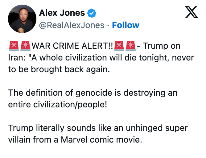 Tweet av Alex Jones som advarer om potensielt folkemord, og sammenligner Trump med en superskurk