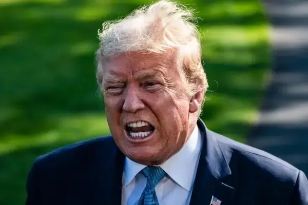 En person i dress med blått slips er midt i tale, utendørs, med en gresskledd bakgrunn. Ansiktet viser et sterkt uttrykk