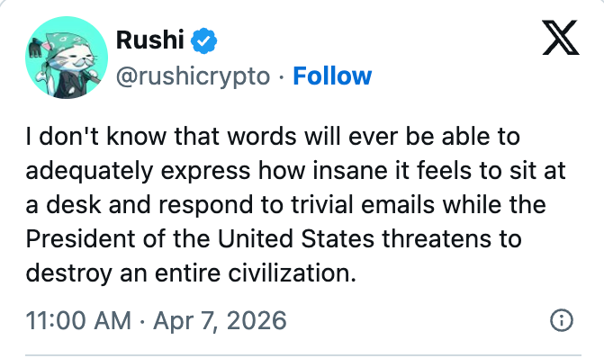 Tweet om at du føler deg overveldet når du svarer på e-poster mens betydelige globale trusler truer. Datert 7. april 2026