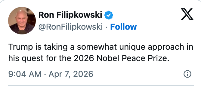 Tweet av Ron Filipkowski vitser om Trumps tilnærming til å søke Nobels fredspris i 2026