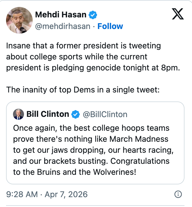 Mehdi Hasan kritiserer Bill Clintons tweet om college-bøyler, og fremhever kritikk av gjeldende politiske prioriteringer