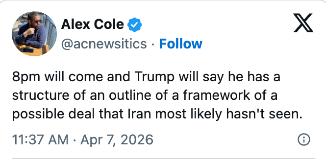 Tweet av Alex Cole som nevner at Trump diskuterer en mulig avtale med Iran mest sannsynlig usett. Datert 7. april 2026, klokken 11:37