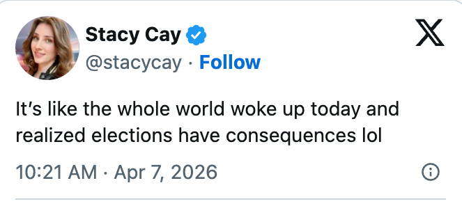 Tweet av bruker som fremhever erkjennelse om valgkonsekvenser