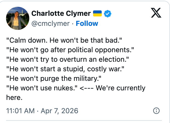Tweet av Charlotte Clymer lister opp forsikringer om noen, og slutter med bekymring for potensiell bruk av atomvåpen