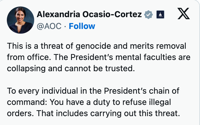 Tekstbilde av en tweet som diskuterer en antatt trussel, tillit til presidentens mentale evner og oppfordrer til å nekte ulovlige ordrer