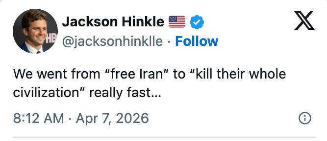 Tweet av Jackson Hinkle som diskuterer et raskt skifte i holdninger til Iran