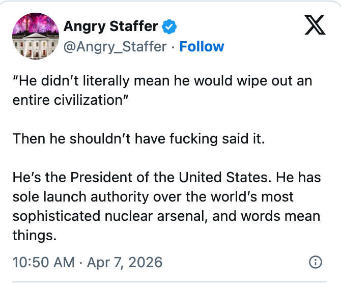 Tweet som kritiserer presidentens uttalelse om å utslette en sivilisasjon, fremhever hans kjernefysiske oppskytningsmyndighet og betydningen av ord