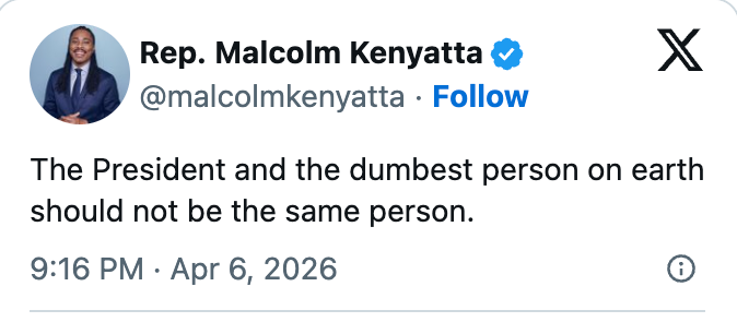Tweet av rep. Malcolm Kenyatta: 