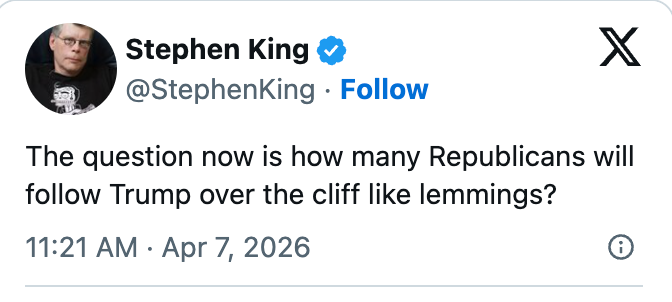 Stephen King stiller spørsmål ved hvor mange republikanere som vil følge Trump over klippen som lemen, publisert 7. april 2026