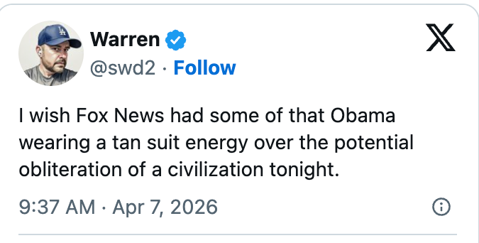 Tweet av Warren som ønsket at Fox News hadde samme reaksjon på en potensiell alvorlig hendelse som de gjorde på Obamas brunfarge. Dato: 7. april 2026