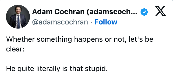 En tweet av Adam Cochran lyder: 