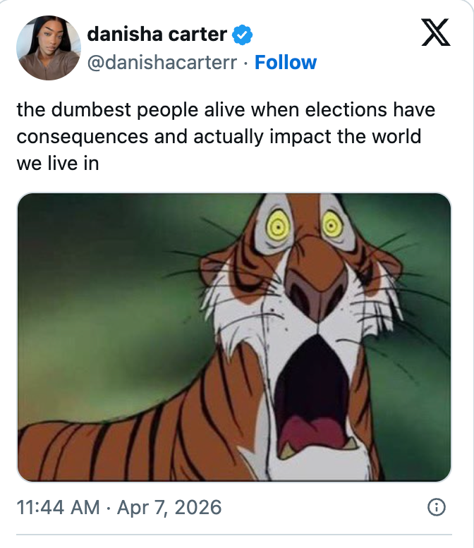 Tweet av danisha carter: "de dummeste menneskene som lever når valg får konsekvenser" med et sjokkert tigertegnebilde