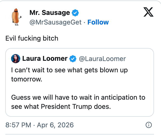 Bildet er et skjermbilde av en Twitter-børs der Mr. Sausage kaller Laura Loomer en 