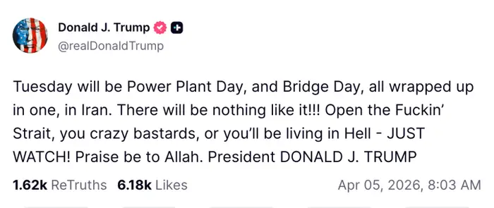 Tweet fra Donald J. Trump om Power Plant Day og Bridge Day i Iran, med henvisning til intense handlinger med sterkt språk og religiøs omtale